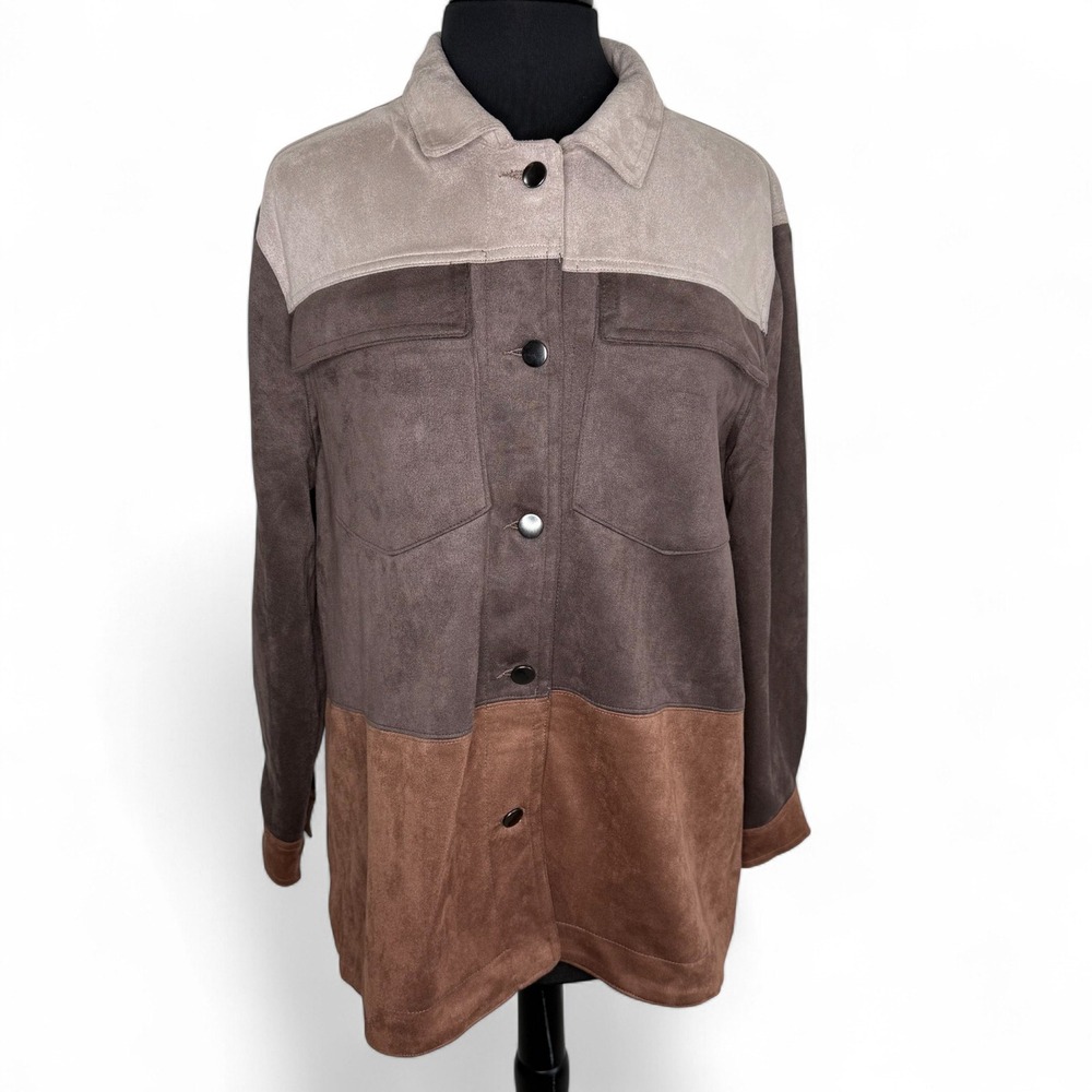 STOOSH Faux Suede Colorblock Shacket Jacket L Taupe Brown Neutral Fall Layers